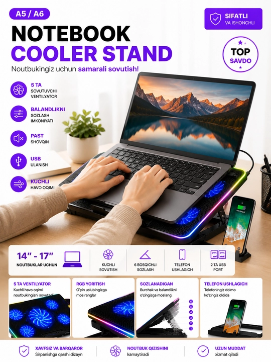 N99 CoolerPad noutbuk sovutgichi, LED yoritgichli, 2 ta USB port, 17 dyuymgacha