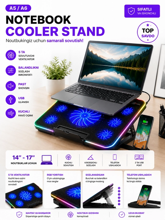 N99 CoolerPad noutbuk sovutgichi, LED yoritgichli, 2 ta USB port, 17 dyuymgacha