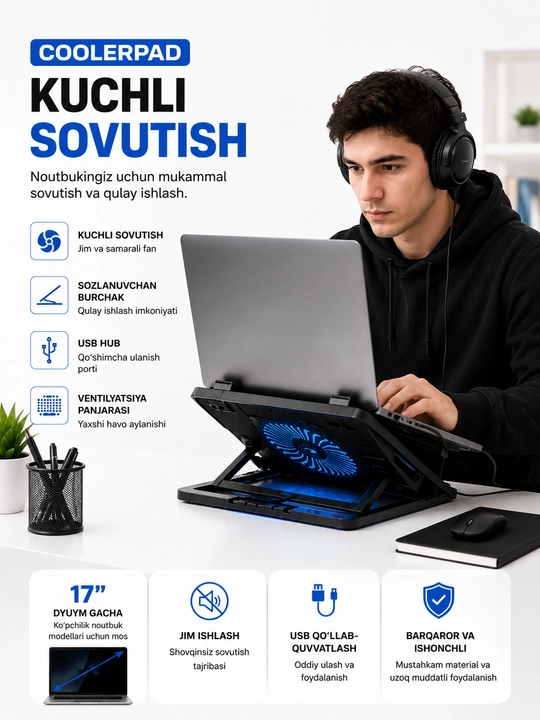 Диодная подсветка, 2 USB-порта, подходит для ноутбуков до 17 дюймов - 