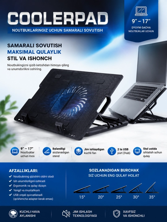 N99 CoolerPad noutbuk sovutgichi, LED yoritgichli, 2 ta USB port, 17 dyuymgacha