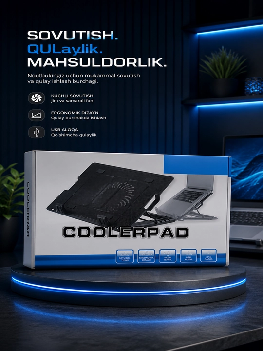 N99 CoolerPad noutbuk sovutgichi, LED yoritgichli, 2 ta USB port, 17 dyuymgacha