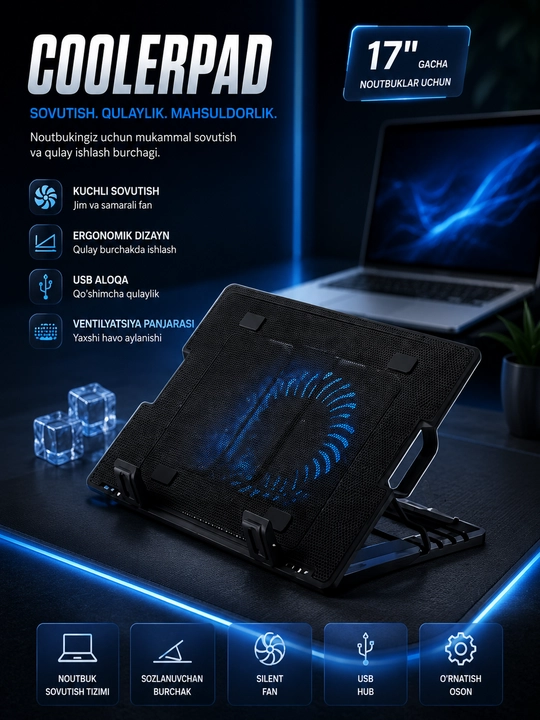 N99 CoolerPad noutbuk sovutgichi, LED yoritgichli, 2 ta USB port, 17 dyuymgacha