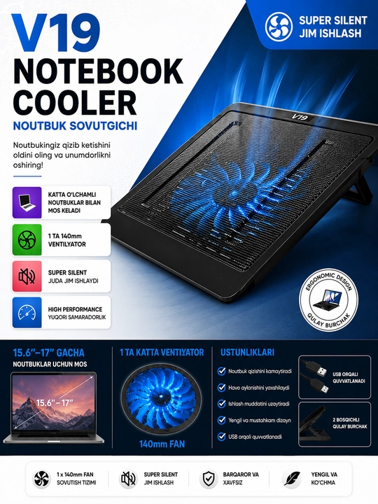 N99 CoolerPad noutbuk sovutgichi, LED yoritgichli, 2 ta USB port, 17 dyuymgacha