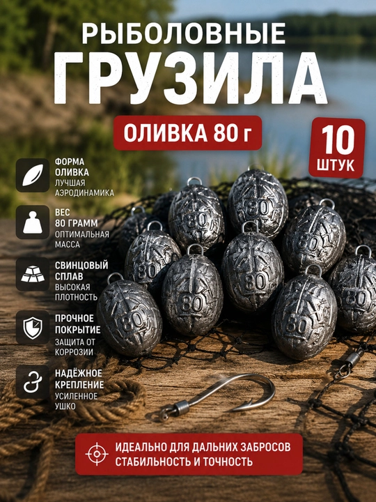 Рыболовные грузила «Оливка» 80 г — набор 10 штук  - 