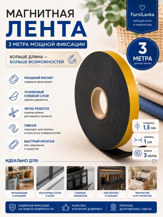 1/2/3 m o‘z-o‘zidan yopishadigan magnit lenta, uy va saqlash uchun egiluvchan magnit tasma - 