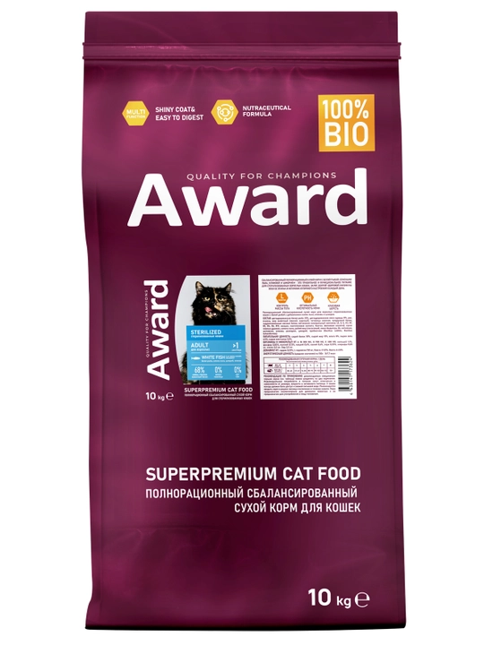 AWARD quruq ozuqa Sterilized sterillangan mushuklar uchun, oq baliq bilan, 10 kg