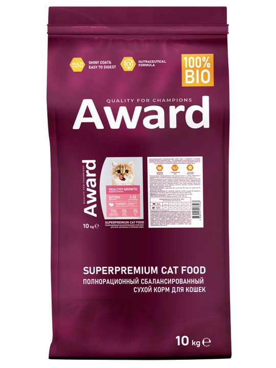 AWARD quruq ozuqa Healthy growth homlador va 1 oyli mushuklar uchun kurka go'shtli 10kg
