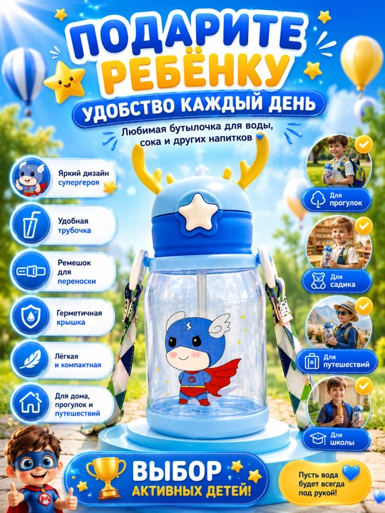 Детская бутылочка с трубочкой — любимый напиток всегда рядом