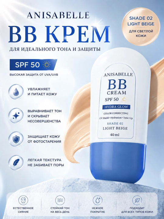 Anisabelle BB krem SPF 50, yuz uchun ton beruvchi va namlantiruvchi krem, 40 ml