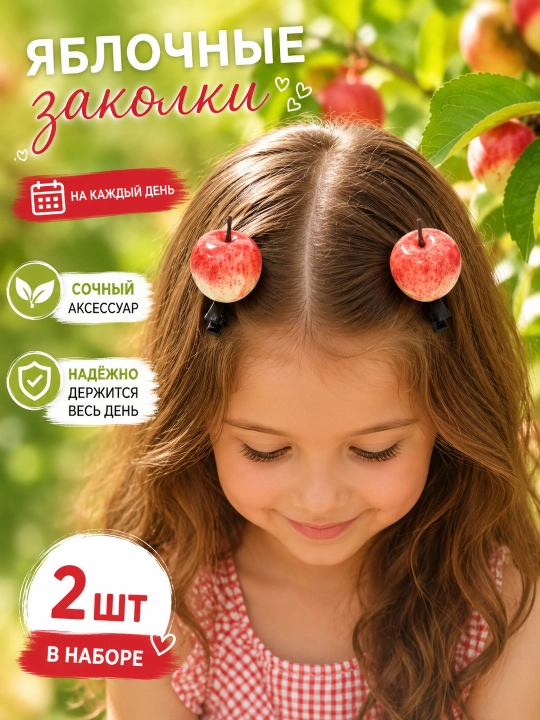 Заколки яблочки, клубнички, лампочка, 2 шт, для волос, фруктовые заколки ручной работы