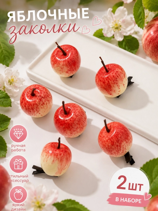 Заколки яблочки, клубнички, лампочка, 2 шт, для волос, фруктовые заколки ручной работы - 