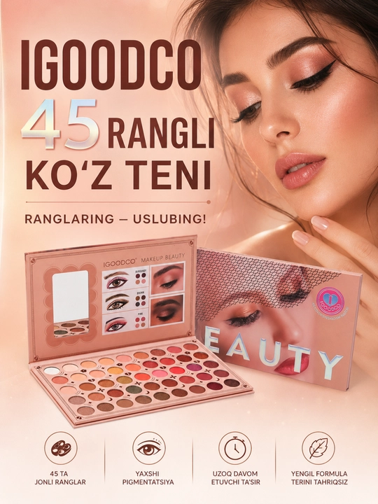 Палетка IGOODCO из 45 оттенков теней — матовые, шиммерные и глиттерные текстуры - 