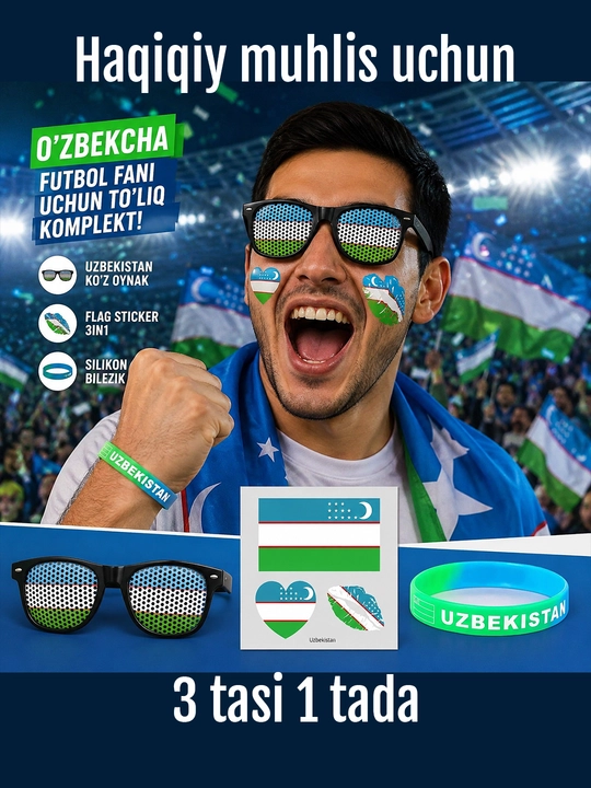 Ko'zoynak Oʻzbekiston Futbol Fanati Uchun Toʻliq Komplekt - 