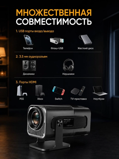 Smart проектор HY320 Mini, Android 11, Wi-Fi, для домашнего кинотеатра