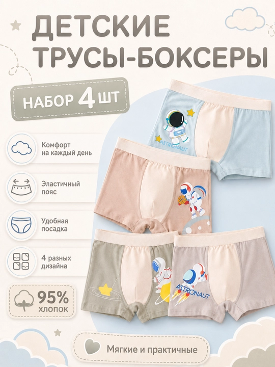 Детские трусы-боксеры для мальчиков, набор 4 шт, хлопок 95% - 