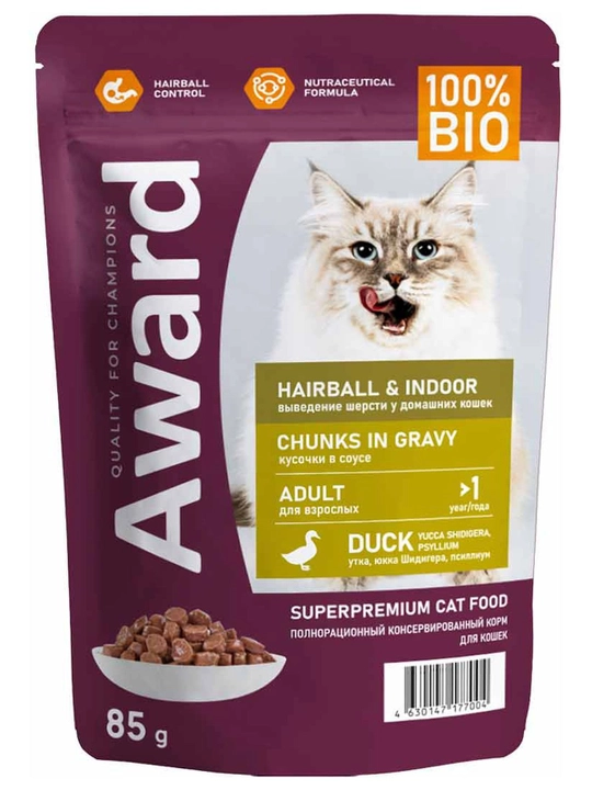 AWARD Пауч Hairball & Indoor для выведения шерсти у домашних кошек с уткой 85г по 4штуки