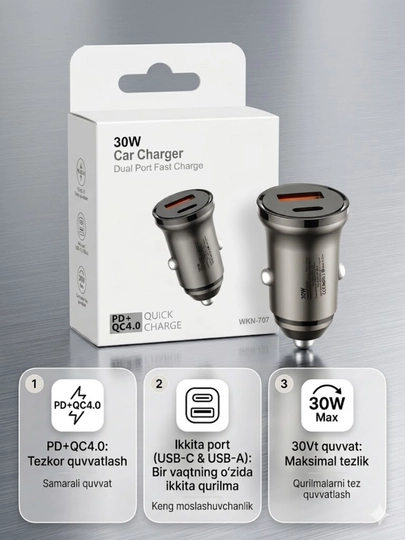 Автомобильное зарядное устройство 30W PD+QC4.0, быстрая зарядка, 2 порта, универсальное — SHOP701-30ADAPTIR