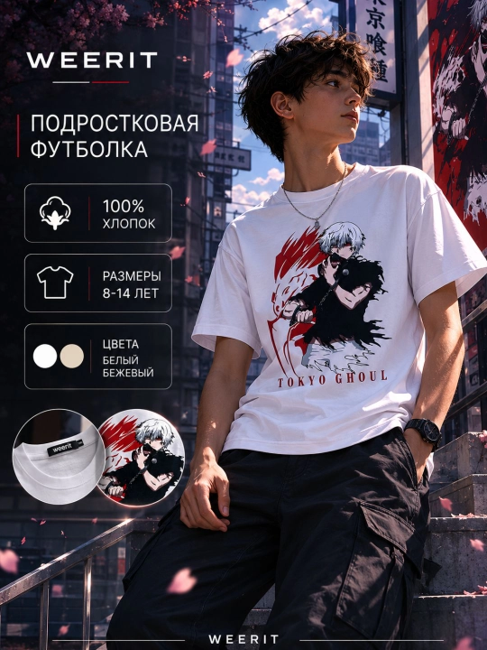 Подростковая футболка WEERIT Tokyo Ghoul, 100% хлопок, принт аниме, 8–14 лет - 
