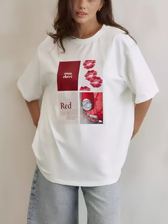 Ayollar uchun bosma naqshli asosiy futbolka, erkin bichimli, S-XL o‘lchamlarda