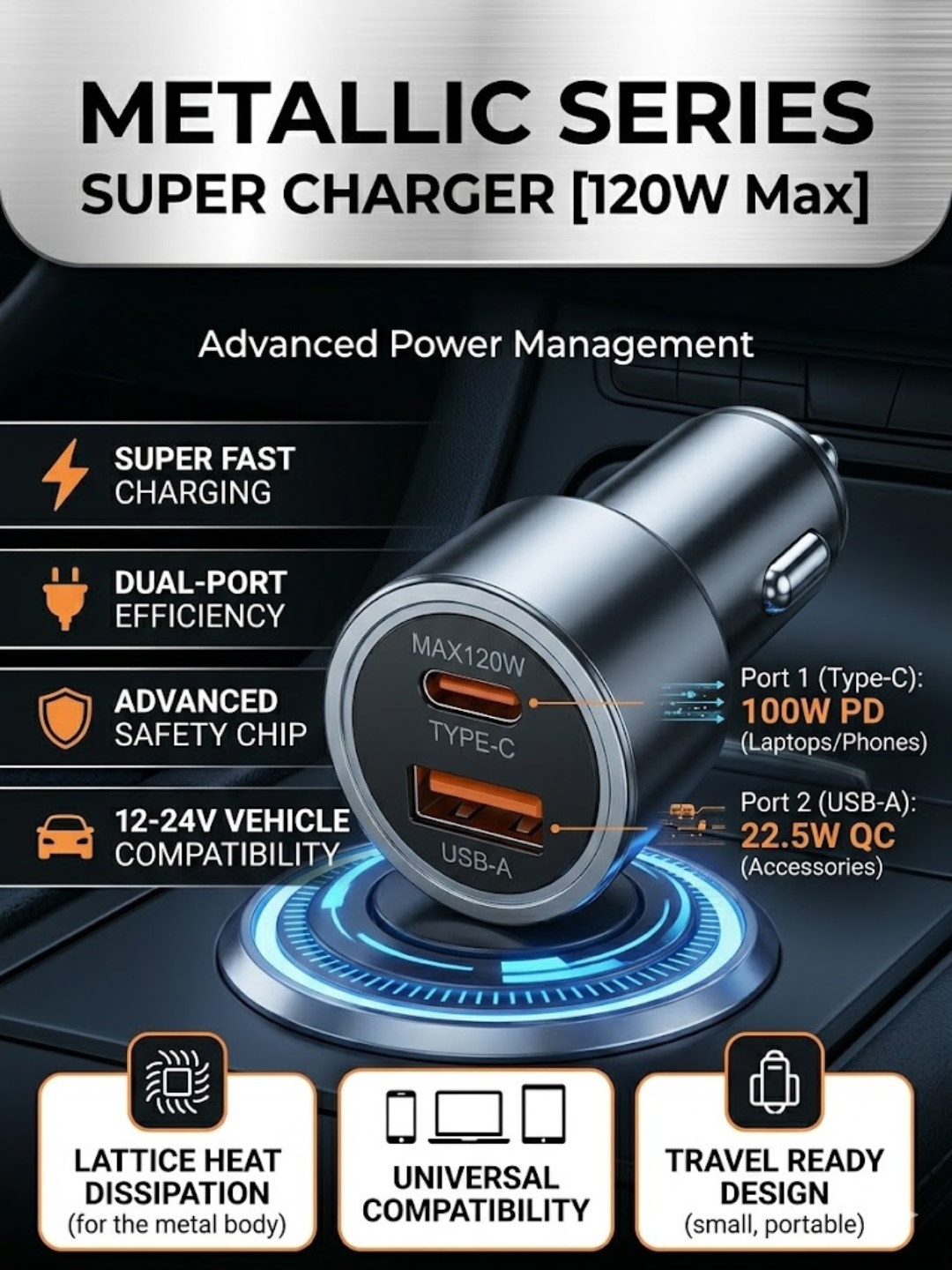 Avtomobil zaryadlovchi qurilmasi metall, Tezkor quvvatlash Super Fast Charge 120W - 