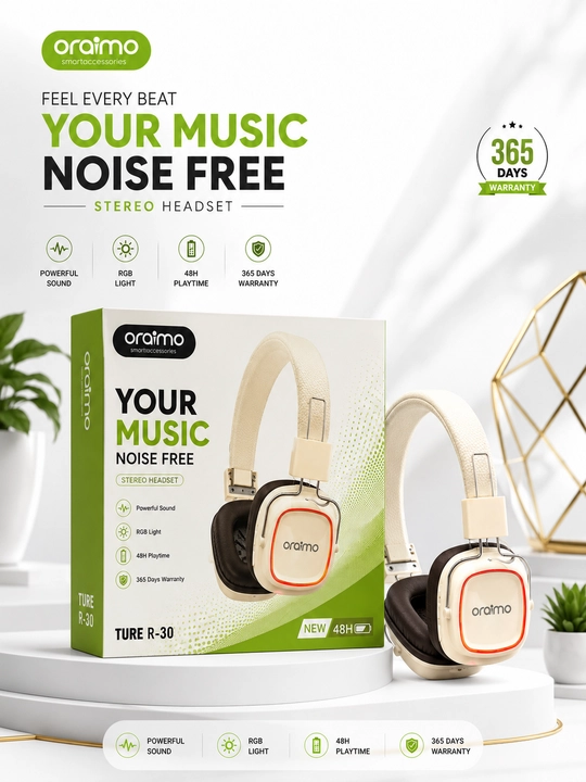 Oraimo TURE R-30 RGB Wireless Headphone – Simsiz Stereo Quloqchin, RGB Yoritgich,