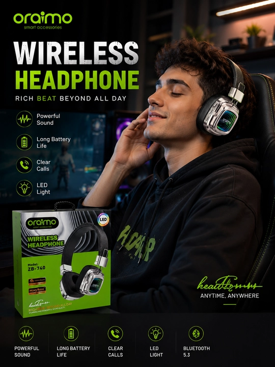 Oraimo TURE R-30 RGB Wireless Headphone – Simsiz Stereo Quloqchin, RGB Yoritgich,