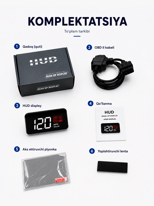 HUD displey, Head Up displey, OBD2 avtomobil old oynasiga tezlik proyeksiyasi