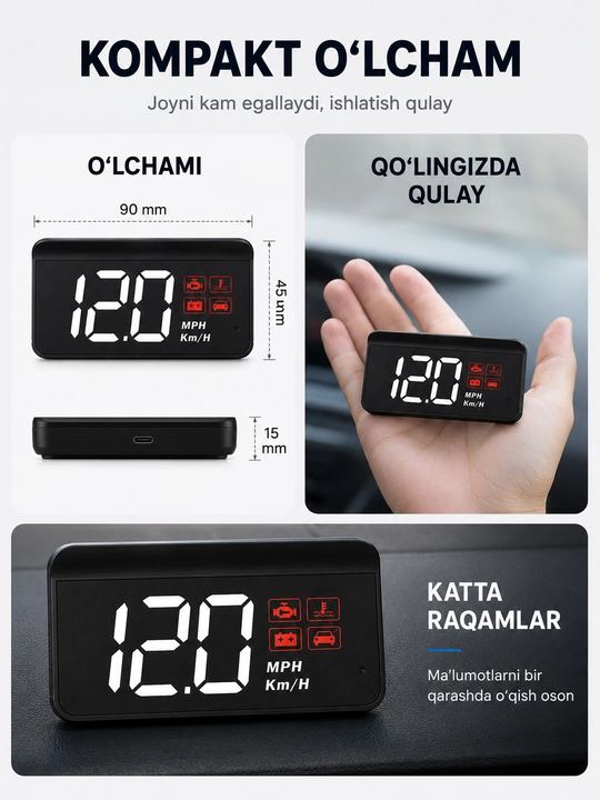 HUD displey, Head Up displey, OBD2 avtomobil old oynasiga tezlik proyeksiyasi