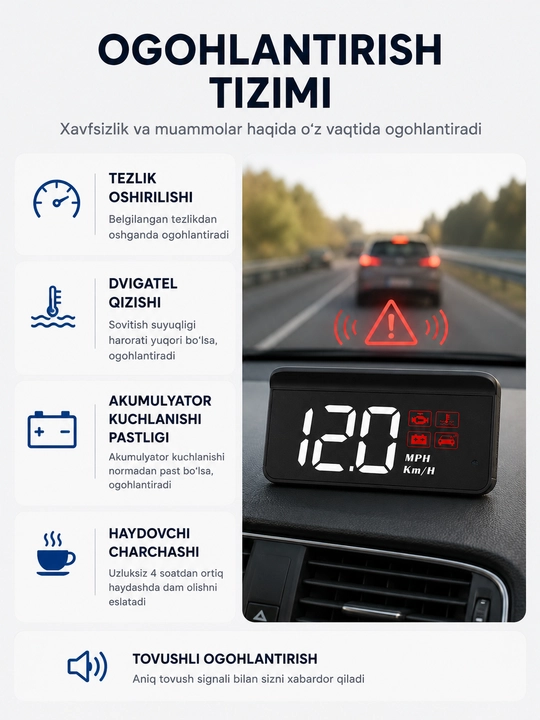 HUD displey, Head Up displey, OBD2 avtomobil old oynasiga tezlik proyeksiyasi