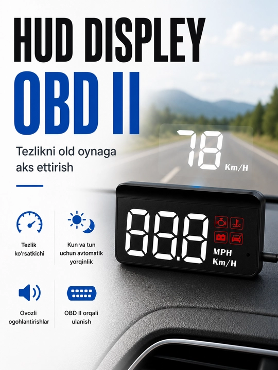 HUD displey, Head Up displey, OBD2 avtomobil old oynasiga tezlik proyeksiyasi - 