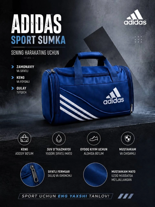 Sport sumkasi Adidas, kundalik va sayohat uchun - 