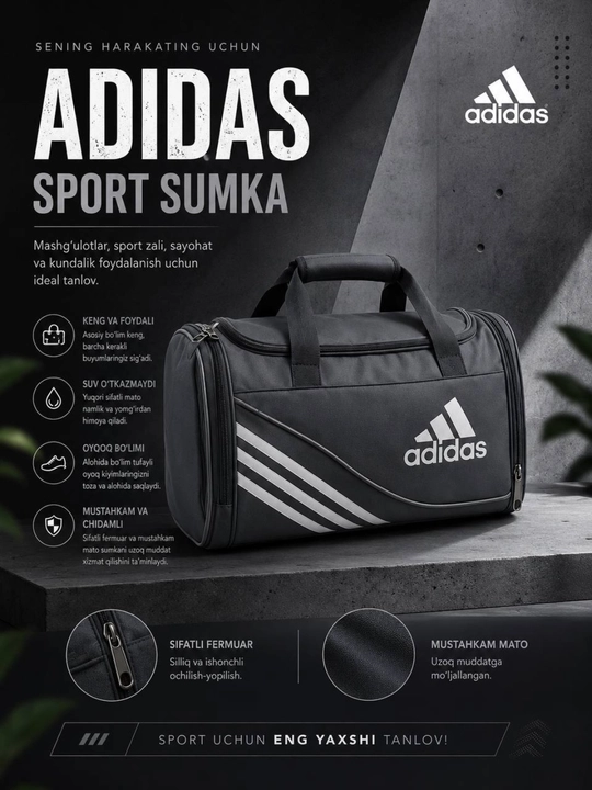 Sport sumkasi Adidas, kundalik va sayohat uchun - 