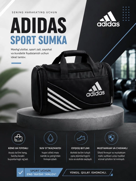 Sport sumkasi Adidas, kundalik va sayohat uchun