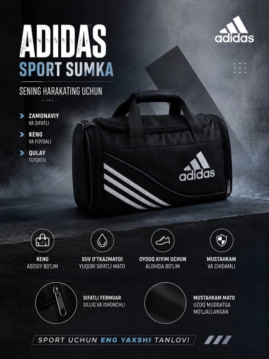 Sport sumkasi Adidas, kundalik va sayohat uchun - 