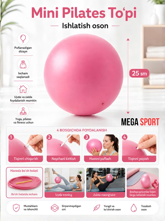 Mini Pilates to‘pi 25 sm, puflanadigan yoga va fitness to‘pi
