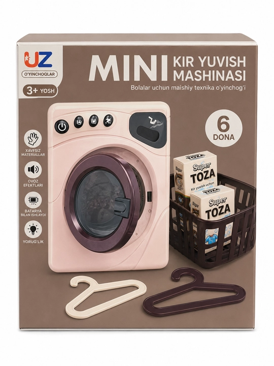 Mini kir yuvish mashinasi o‘yinchoq to‘plami, 6 qismli - 