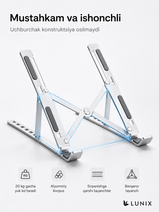 Noutbuk uchun alyuminiy katlanuvchi stend, 15.6 dyuymgacha, 7 darajali sozlanadi