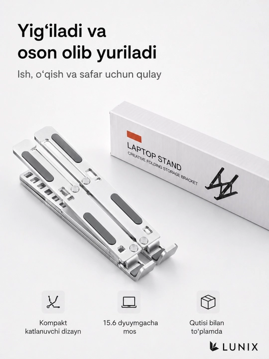 Noutbuk uchun alyuminiy katlanuvchi stend, 15.6 dyuymgacha, 7 darajali sozlanadi