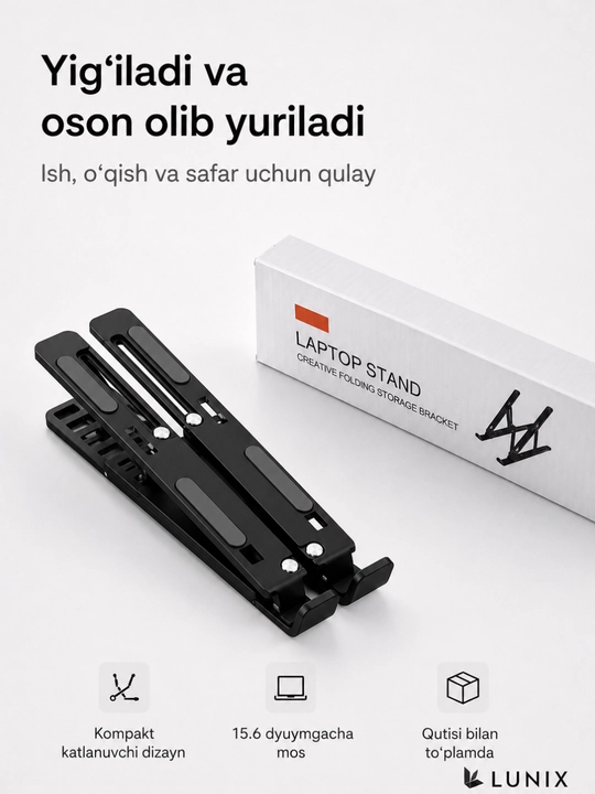 Noutbuk uchun alyuminiy katlanuvchi stend, 15.6 dyuymgacha, 7 darajali sozlanadi