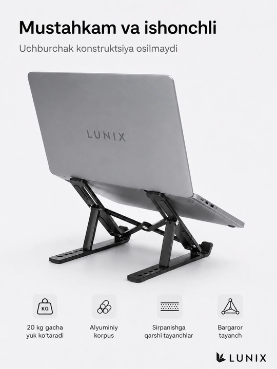 Noutbuk uchun alyuminiy katlanuvchi stend, 15.6 dyuymgacha, 7 darajali sozlanadi