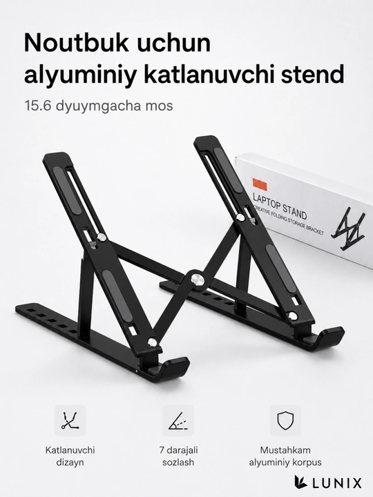 Noutbuk uchun alyuminiy katlanuvchi stend, 15.6 dyuymgacha, 7 darajali sozlanadi - 