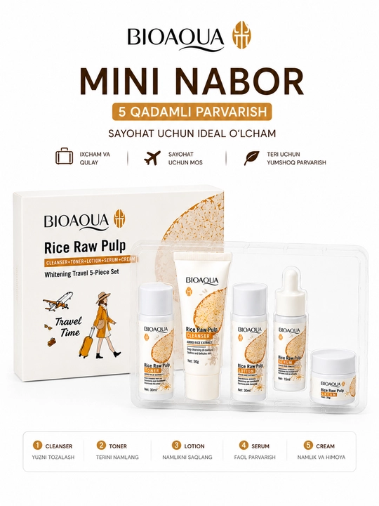 Guruchli nabor - guruch ekstrakti bilan yuz parvarishi to‘plami, terini tiklash