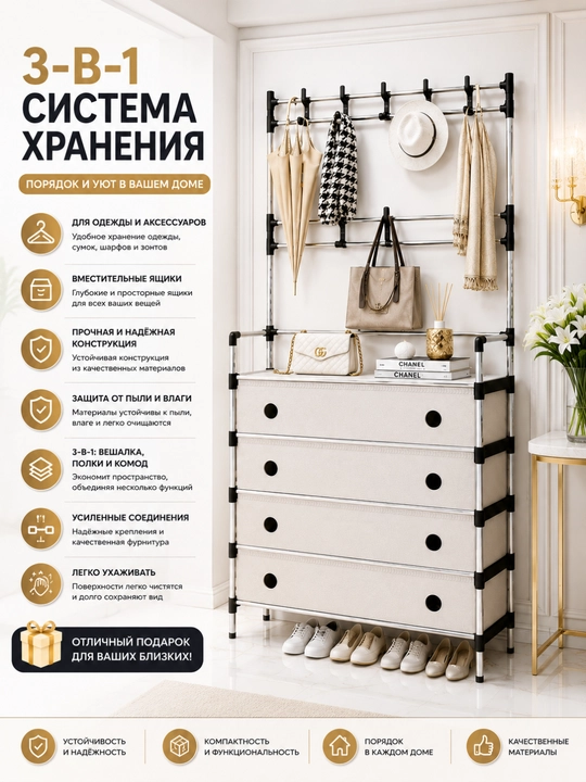 Вешалка напольная для одежды и обуви, многофункциональная стойка с полками - 