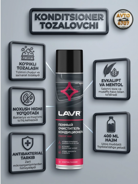 Пенный очиститель кондиционера автомобиля LAVR, спрей для очистки автокондиционера, 400мл