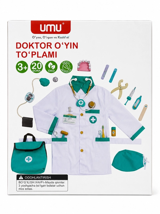 Doktor to‘plami o‘yinchoq, xalat, stetoskop va 20 ta aksessuar bilan - 