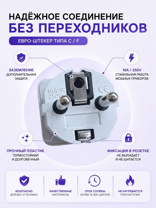 Sayohat adapteri Yaweitai YW‑7310, 16A, 250V, 3500W, Yevro‑standart