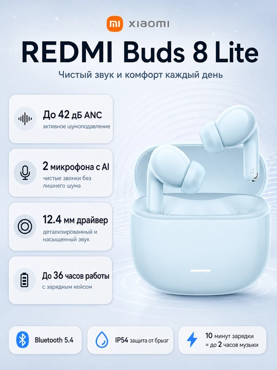 Беспроводные наушники REDMI Buds 8 Lite ANC 42дБ 12.4мм драйвер 36 часов Bluetooth 5.4 TWS - 