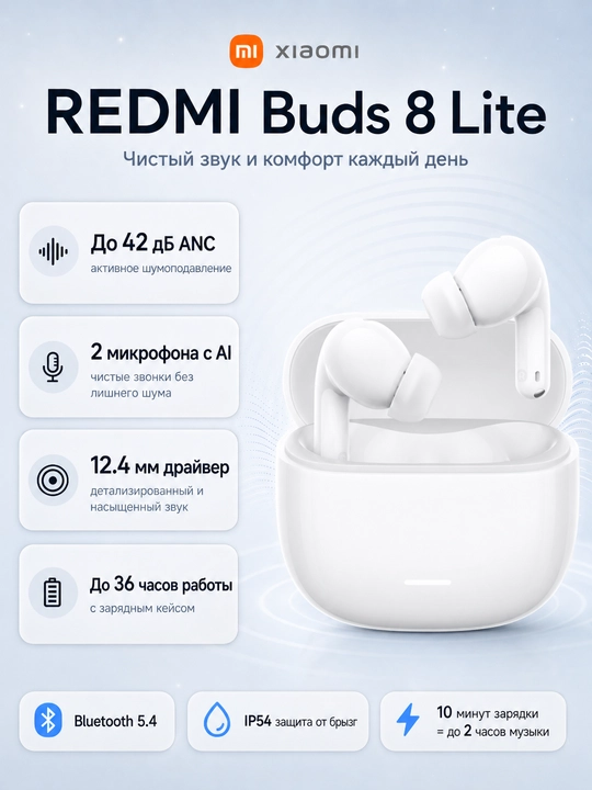 Беспроводные наушники REDMI Buds 8 Lite ANC 42дБ 12.4мм драйвер 36 часов Bluetooth 5.4 TWS - 