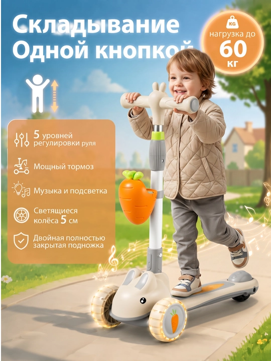Bolalar samokati, quyonchalik yonadigan samokat, 60kg gacha chidamli - 