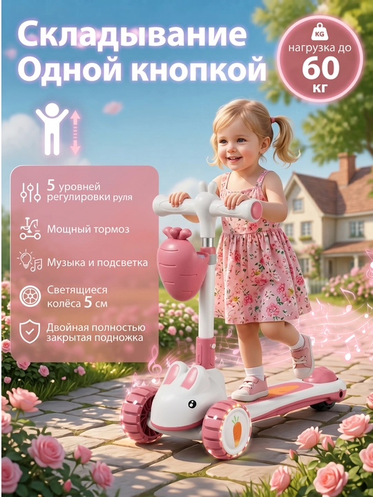 Bolalar samokati, quyonchalik yonadigan samokat, 60kg gacha chidamli - 